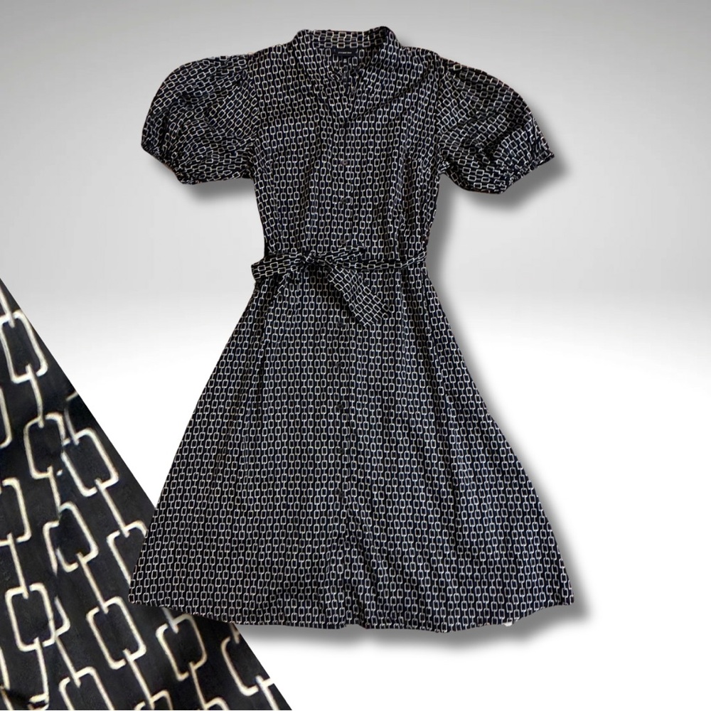 Equestrian Chain Print Puff Sleeve Cotton Button Front Tie Waist Midi Dress (M)